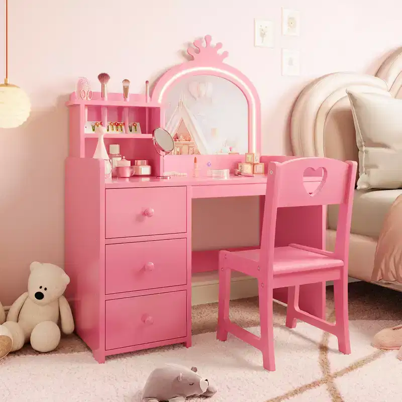 Princess Vanity Set with Lighted Mirror & Chair, Kids Makeup Table with 3 Drawers & Shelves for Little Girls