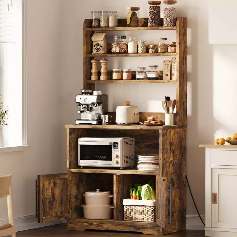 Microwave Oven Stand Pantry with Door, Tall Versatile Storage Shelf with Thick Tabletop for Dining Room
