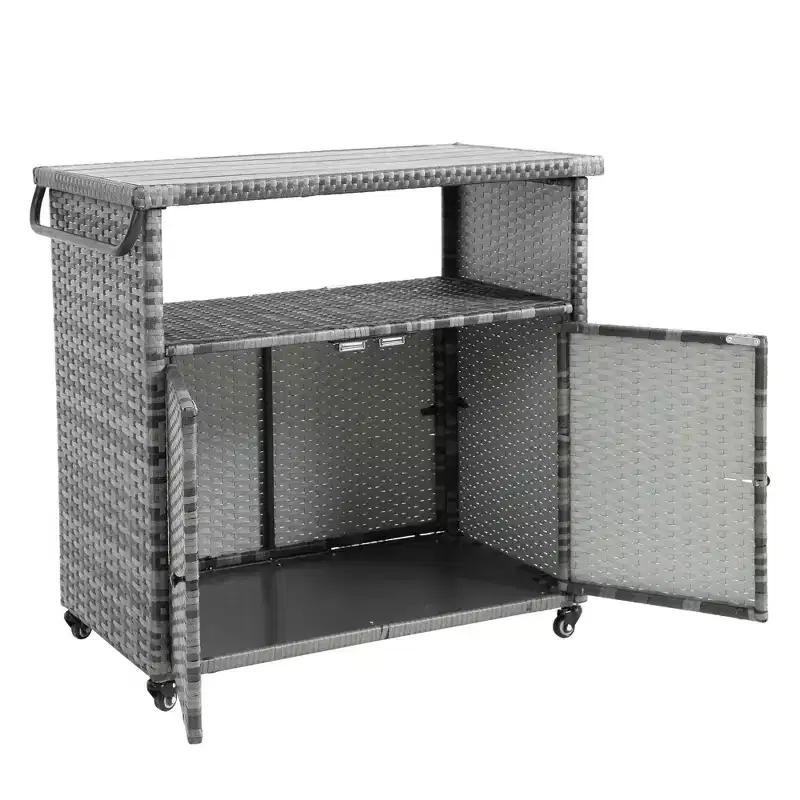 Outdoor Wicker Bar Serving Cart with Glass Top - Gray, 35.2"x20.6"x34.2"