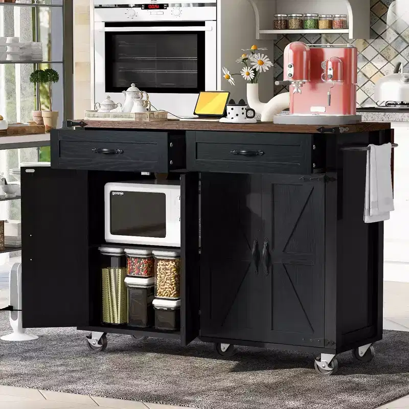 Kitchen Island with Power Outlet, Drop Leaf, Spice Rack & Drawer