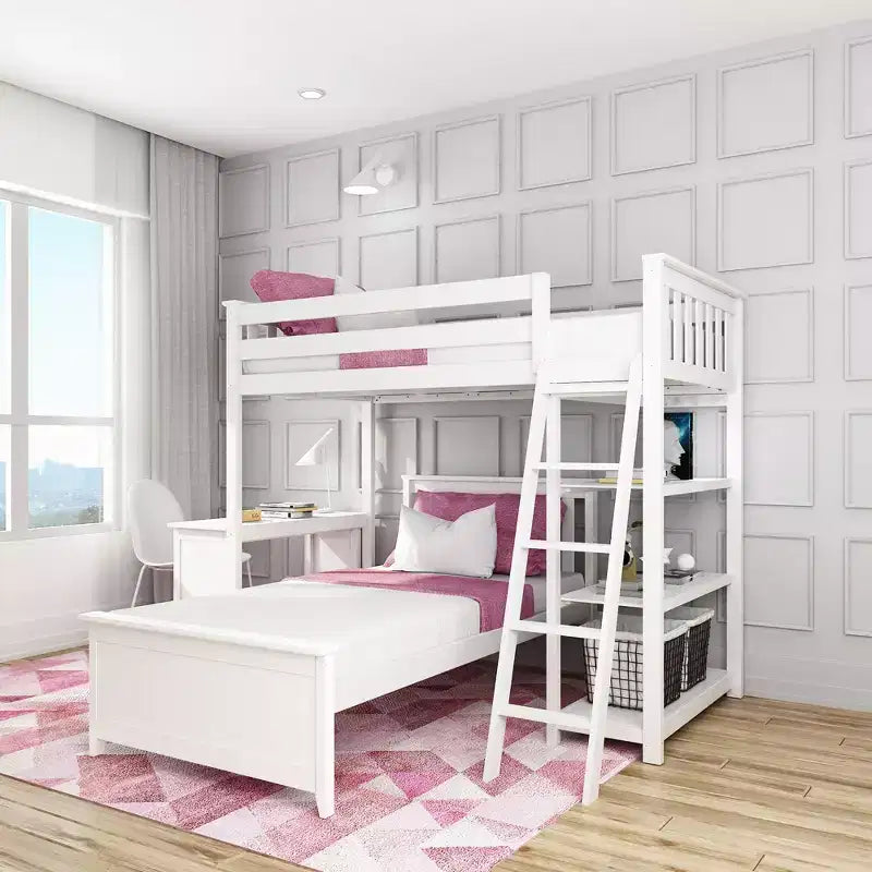 L-Shaped Twin over Twin Bunk Bed with Bookcase and Desk
