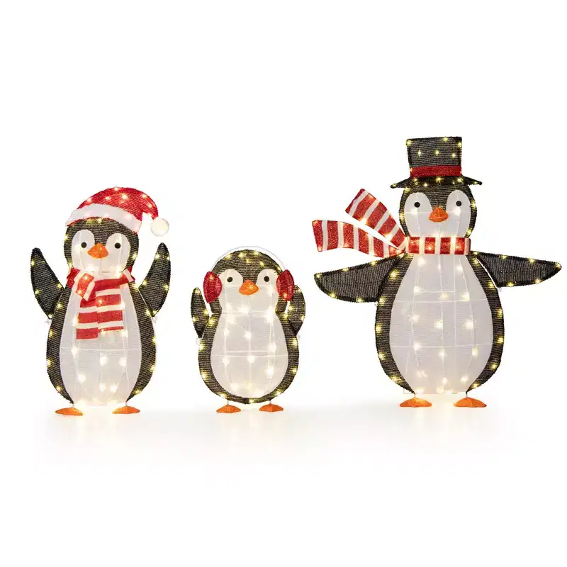Gymax 3 PCS Lighted Penguin Family Pre-Lit Penguin Decorations Set w/ 194 LED Lights for Indoor & Outdoor