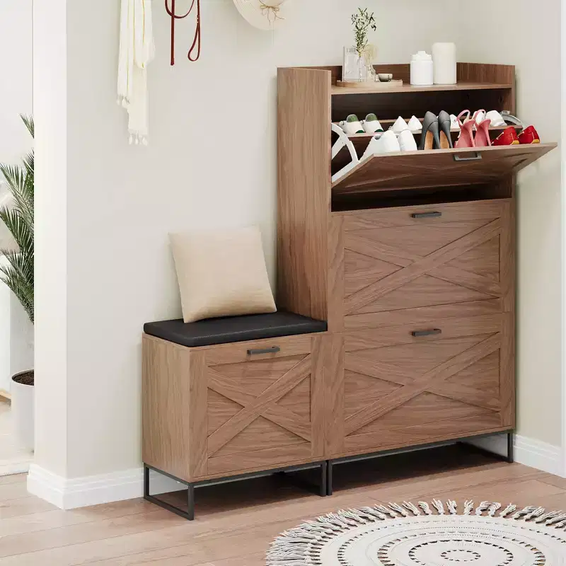 Acekool Hidden Shoe Cabinet with Upholstered Seat, 4 Flip Drawers, Metal Legs, Shoe Storage Organizer for Entryway or Living Room