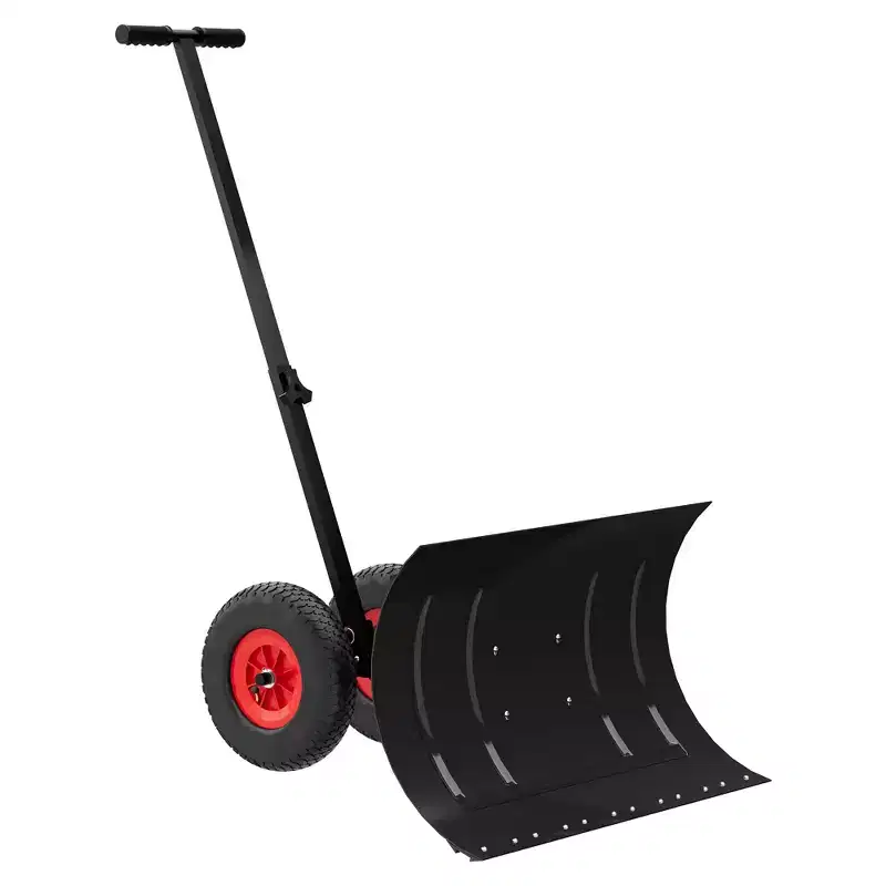 Snow Shovel with Wheels,Heavy Duty Snow Pusher for Driveway, Ergonomic Snow Pusher Shovel with Snow Removal Adjustable Angle & Height Handle
