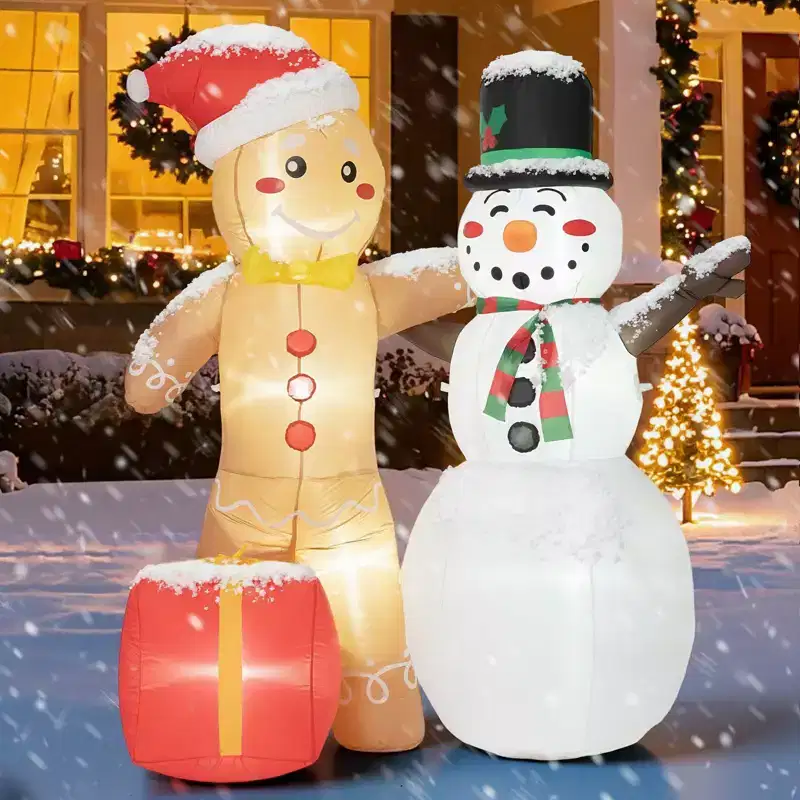 GOTGELIF 6FT Inflatable Gingerbread Man & Snowman with LED Lights Outdoor Holiday Decoration