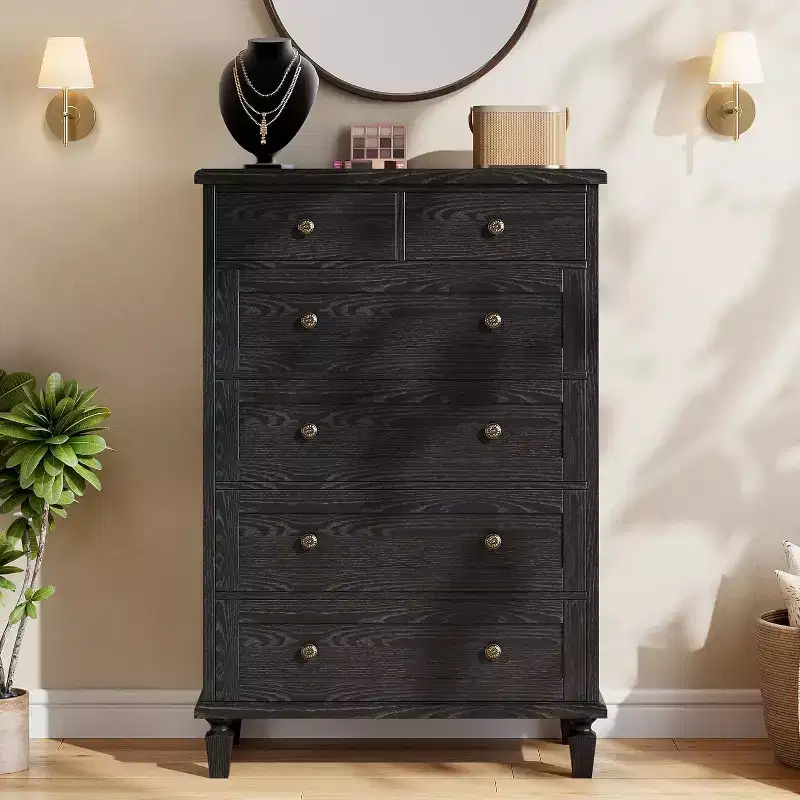 47 Tall Dresser for Bedroom, Vintage 6 Drawer Dresser with Carved Handles and Tapered Legs Design, Wood Chests of Drawers for Living Room Entryway