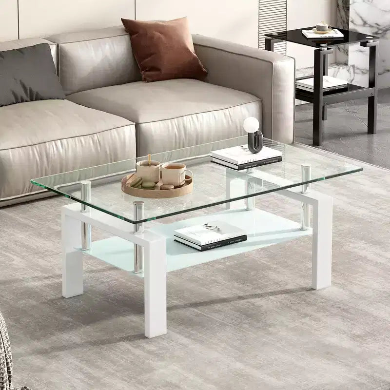 Tempered Glass Coffee Table with Metal Frame, 2-Tier Rectangular Center Table for Living Room
