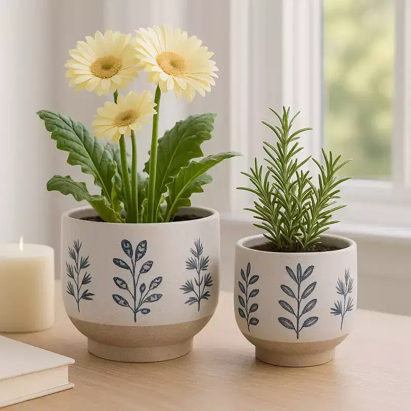 Modern Hand Painted Leaves Planters for Home Decor - Stylish Plant Pots, Pots for Planters, or Plant Stand Indoor - Set of 2, 8, 6, Blue & White
