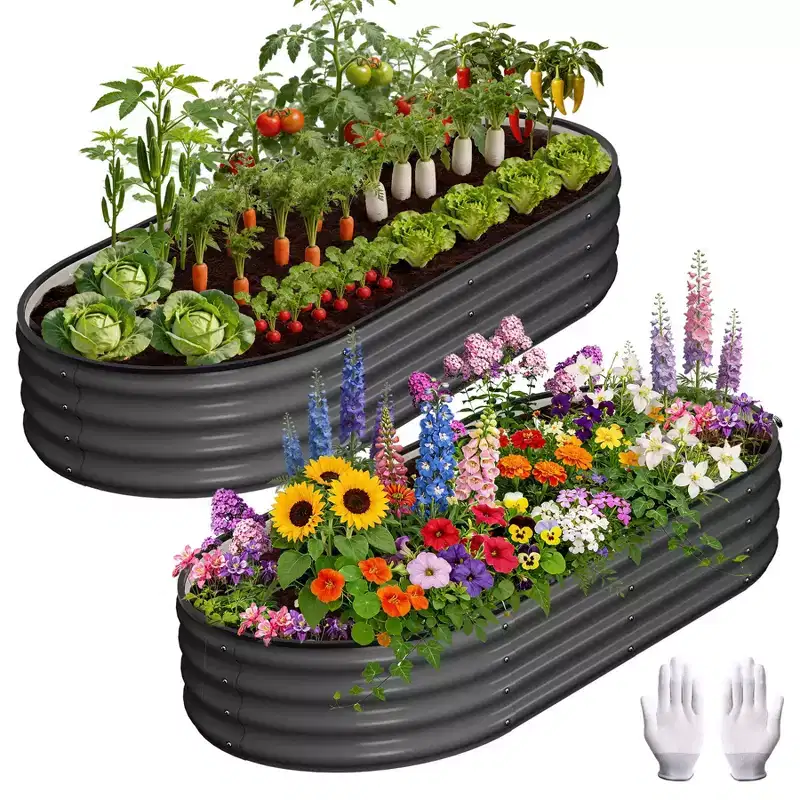 2 Pcs Galvanized Raised Garden Bed, Raised Garden Beds Outdoor, Oval Planter Raised Beds with Gloves and Rubber Edge Trim for Vegetable
