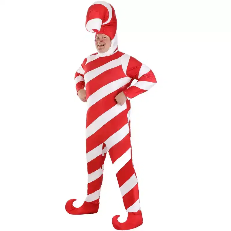 HalloweenCostumes.com Plus Size Adult Red Candy Cane Bodysuit Costume | Festive Christmas Holiday Jumpsuit with Hood and Boot Covers