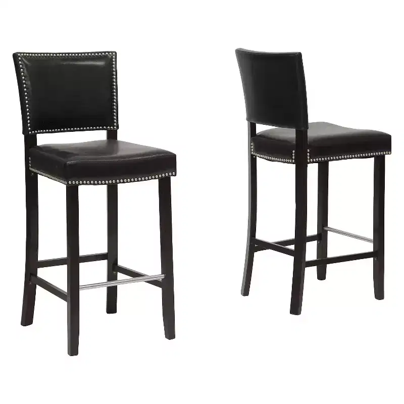 Black Vinyl Bar Stool with Nail Head Trim, Mid Back, Set of 2