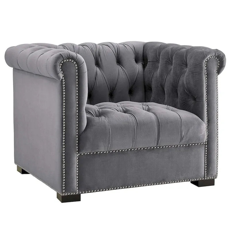 Chesterfield Armchair &ndash; Midnight Blue / Aqua / Grey / Ivory, Performance Velvet, Button Tufted, Seats 1