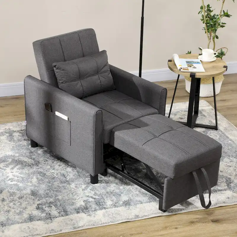 Dark Grey Linen-Feel Convertible Sofa Bed, 1-2 Person