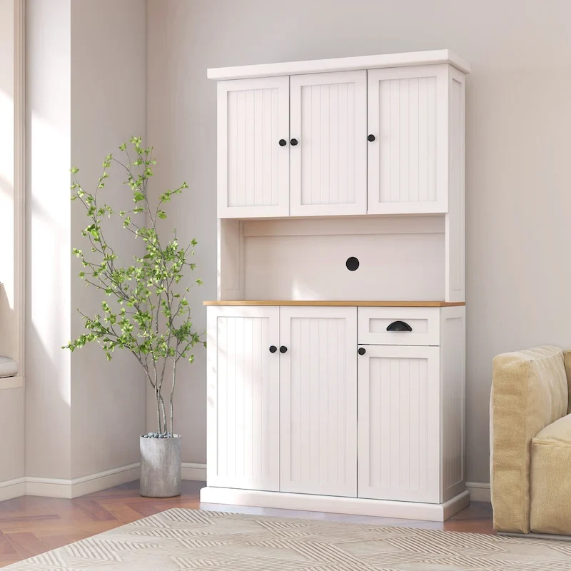 71 Kitchen Pantry Storage Cabinet with Microwave Oven Countertop,Hutch Cabinet with Adjustable Shelves,6 Doors,1 Drawer