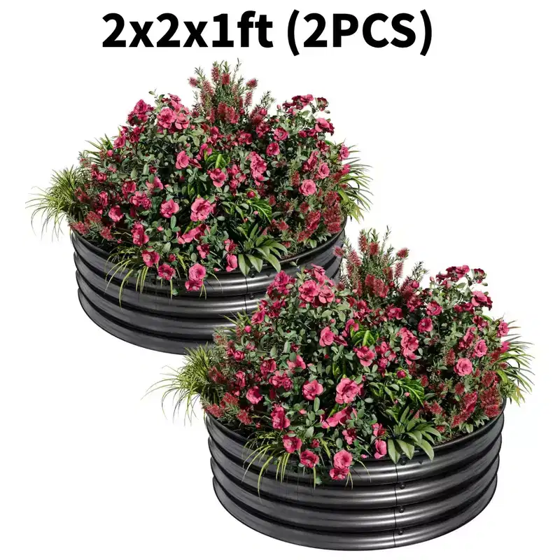 GustoWave 2 PCs 2x2x1FT Round Galvanized Steel Raised Garden Bed Kit for Vegetables, Flowers & Fruits, Black