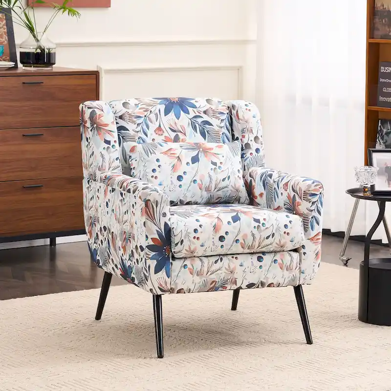 Floral Print Upholstered Accent Chair &ndash; Reading Armchair with Adjustable Metal Legs