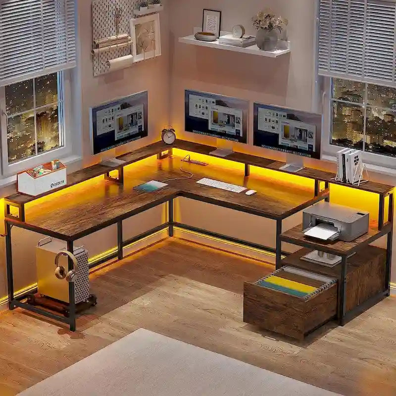 L-Shaped Corner Desk &ndash; Brown, RGB LED Strip, File Drawer, Monitor Shelf, Power Outlet, Seats 2