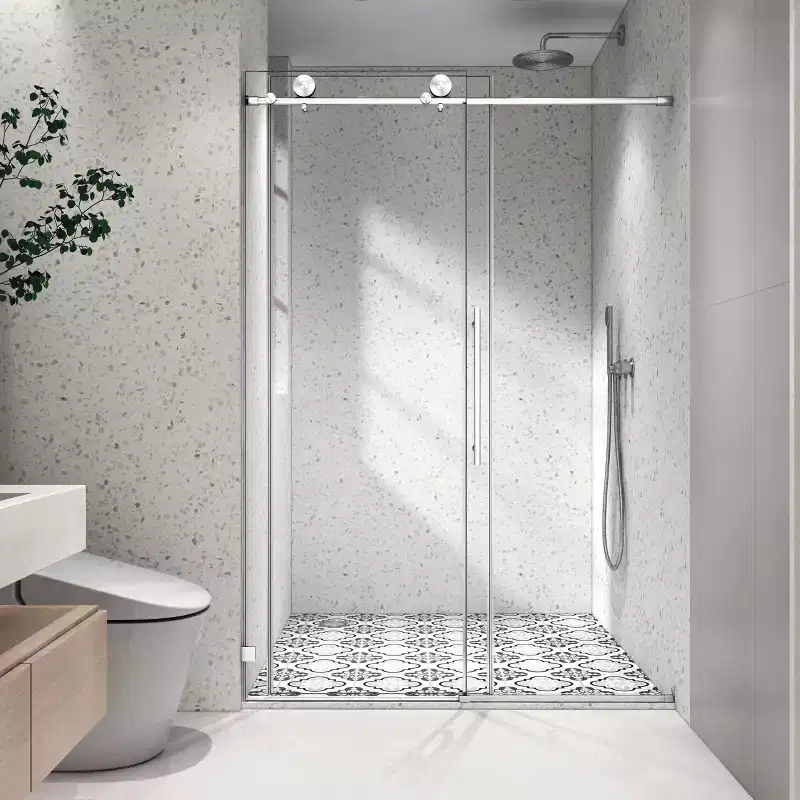 PexFix 76 in.x 54 in. Frameless Single Sliding Shower Door 8mm Tempered Glass With Adjustable Soft Closing Design for Spa Bathroom Brushed Nickel