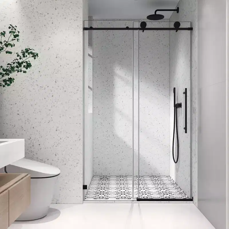 PexFix 76 in.x 48 in. Frameless Single Sliding Shower Door 8mm Tempered Glass With Adjustable Soft Closing Design for Spa Bathroom Matte Black