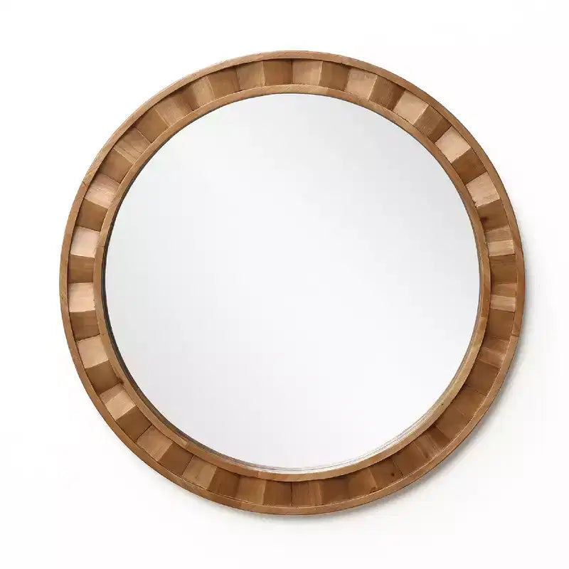 28 Round Wall Mirror, Natural Wood Frame, Rustic Wooden Decor, Brown