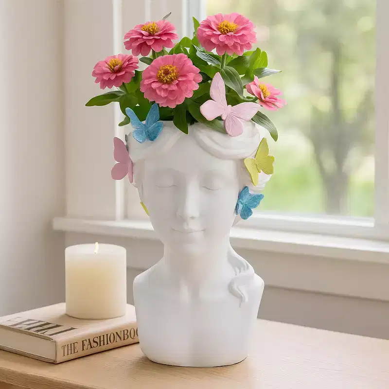 Planter and Flower Pot for Home Decor - Whimsical Plant Pot for Indoor or Outdoor Use with Butterfly and Face Sculpture - 11, White