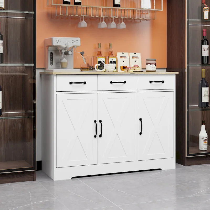 Farmhouse Buffet Cabinet Sideboard with 3 Drawers and 3 Doors, White