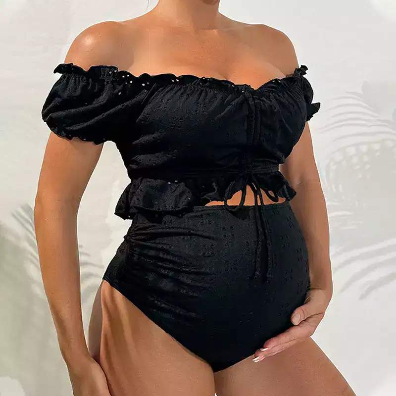 Coolmee Women's Maternity Two Piece Tankini Sets Off Shoulder Ruffle Drawstring High Waisted Textured Swimsuits