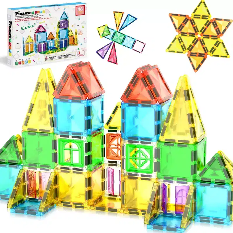 PICASSO-TILES Mini Magnetic Tiles for Kids  48PCS STEM Construction Building Blocks Travel Toy Set, Educational Portable Building Kit for Toddlers