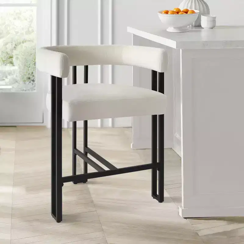 Modern Velvet Counter Height Bar Stools, 24 Upholstered Barrel Back Kitchen Island Chairs with Arms - Panipeachy