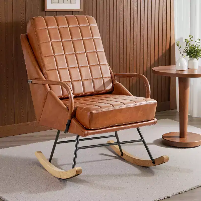 VECELO Upholstered Faux Leather/Teddy Fabric Rocking Chair Modern Lounge Rocker Recliner with Padded Seat, Safe Solid Wood Base White/Brown