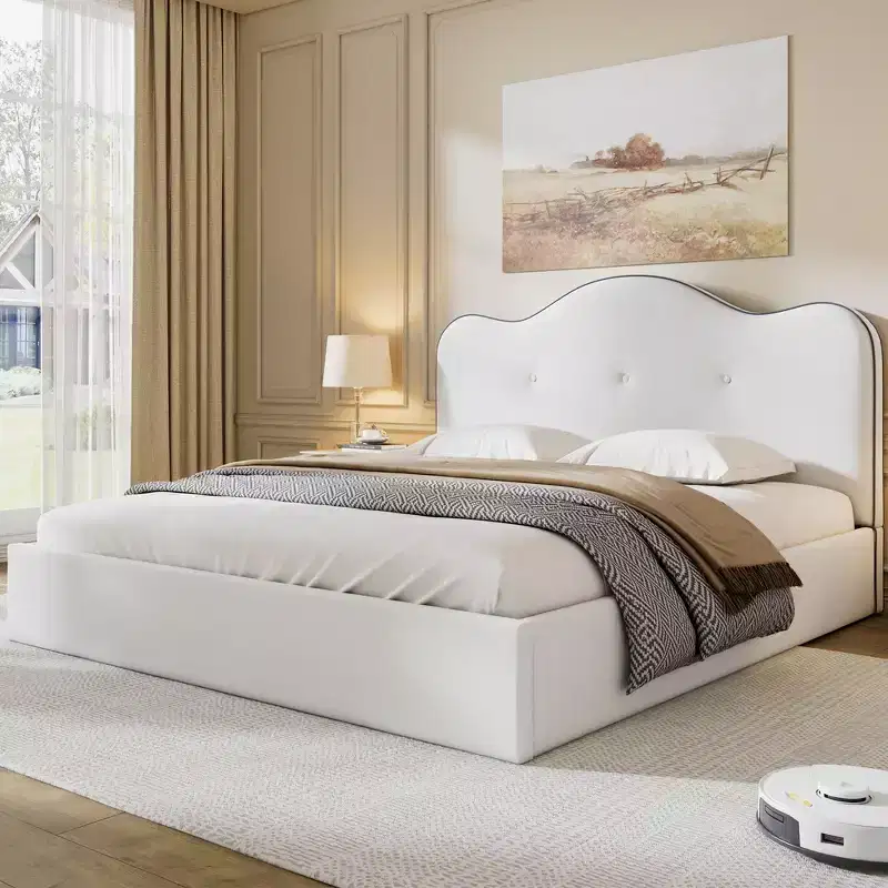 Whisen Queen Size Upholstered Platform Bed, Velvet Bed Frame With Headboard, Sturdy Construction