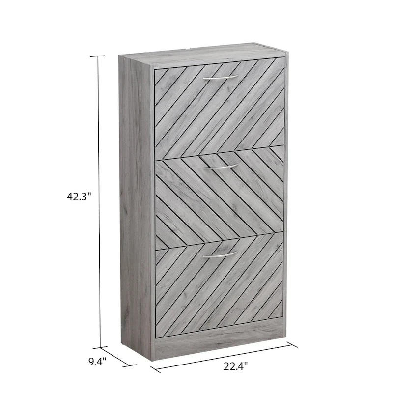 Freestanding 3-Flip-Drawer Shoe Cabinet, Grey/Oak, Holds 12&ndash;15 Pairs