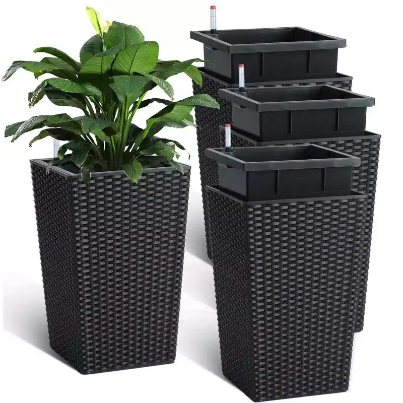 COZONY Self-Watering Rattan Planters Set of 4, Large Indoor Outdoor Plant Pots w/ Water Level Monitor & Drainage Holes, for Patio Porch Home Decor