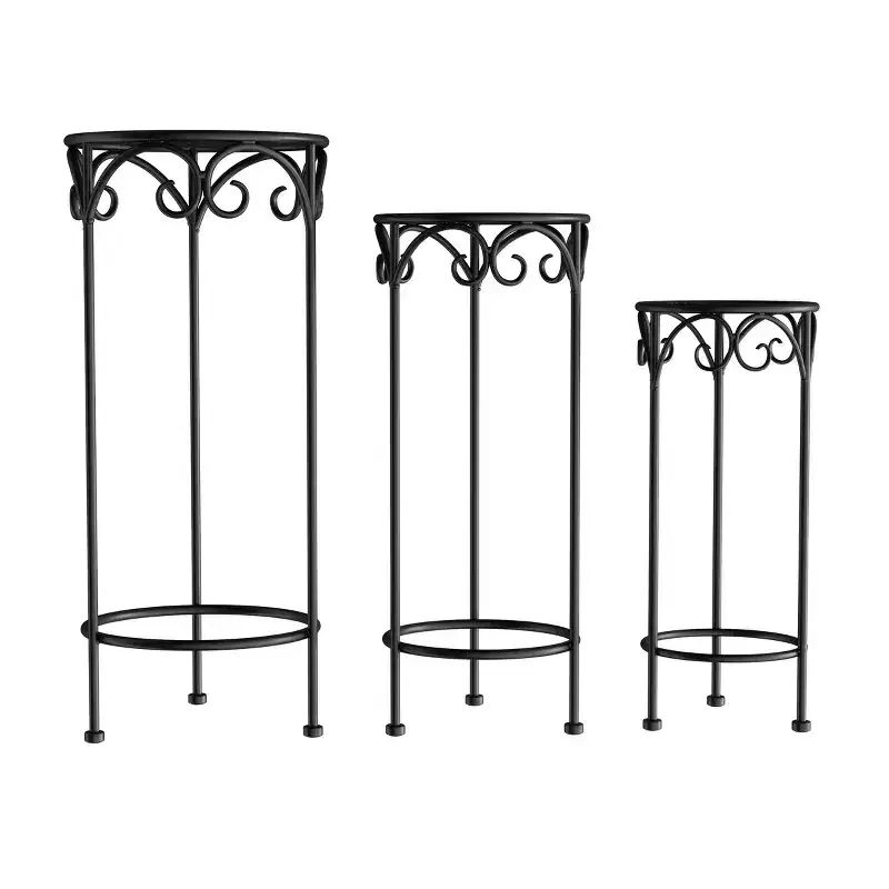 Plant Stands  Set of 3 Indoor or Outdoor Nesting Wrought Iron Metal Round Decorative Potted Plant Accent Display Accessories by Pure Garden (Black)