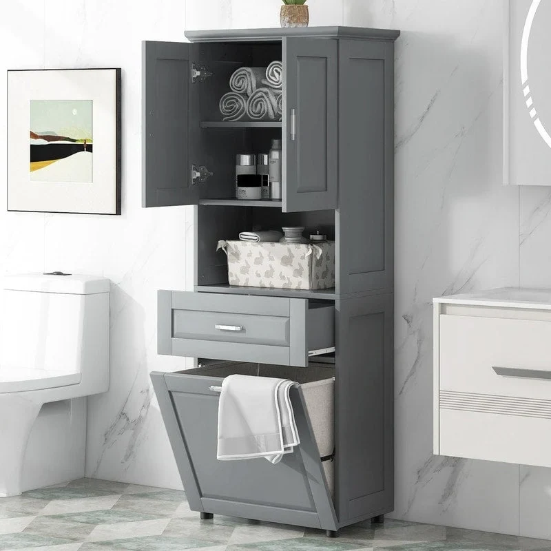 70-Inch Freestanding Bathroom Storage Cabinet with Tilt-Out Laundry Basket, Drawer and Adjustable Shelf