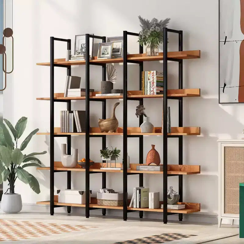 Betty Industrial 5-Tier Wood Bookcase with Open Shelves and Metal Frame