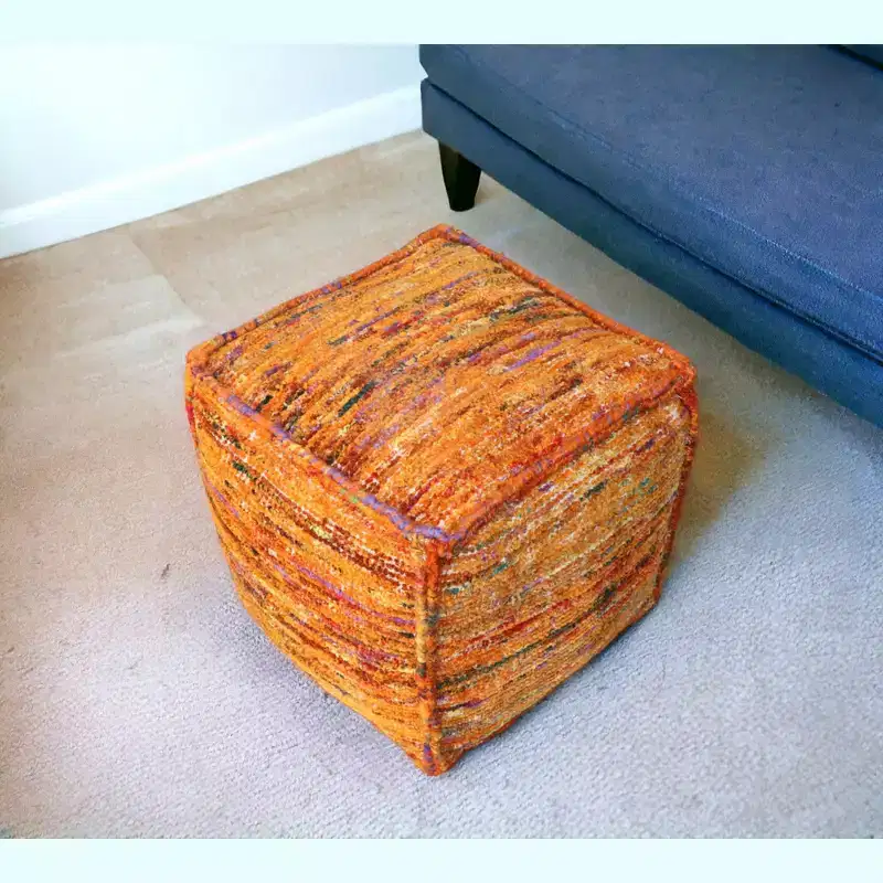 18" Orange Recycled Silk & Cotton Cube Pouf Ottoman &ndash; Boho Accent Footrest