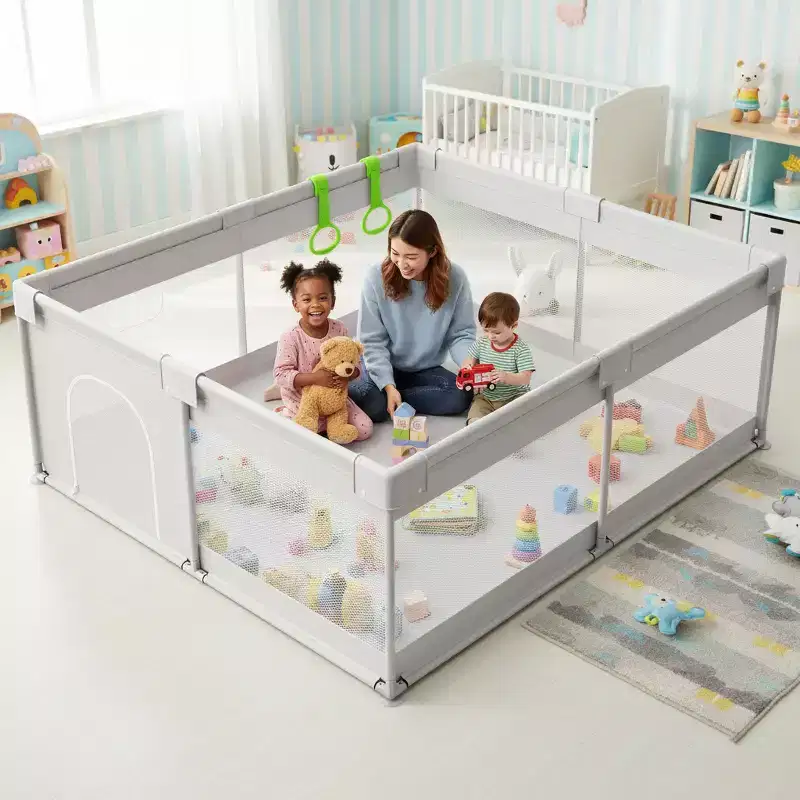 Extra Large Baby Playpen with Gate  Indoor Toddler Play Yard & Kids Play Area Fence, Sturdy Gray 6959x26in