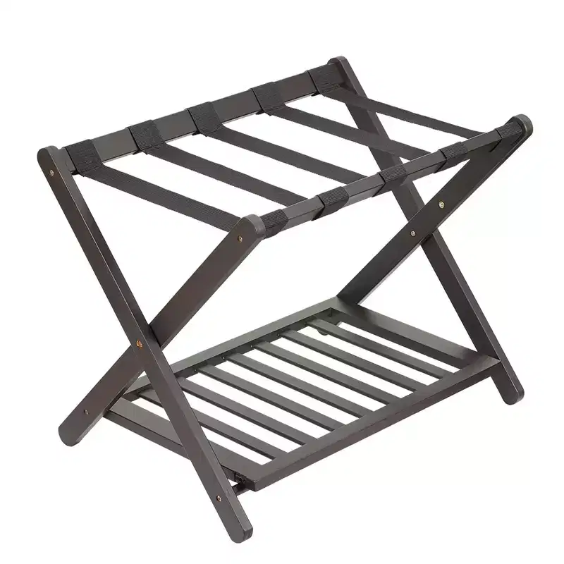 Folding Bamboo Luggage Rack with 2-Tier Shelf Premium Suitcase Stand Holds Up to 150 Lb for Bedrooms & Hotels