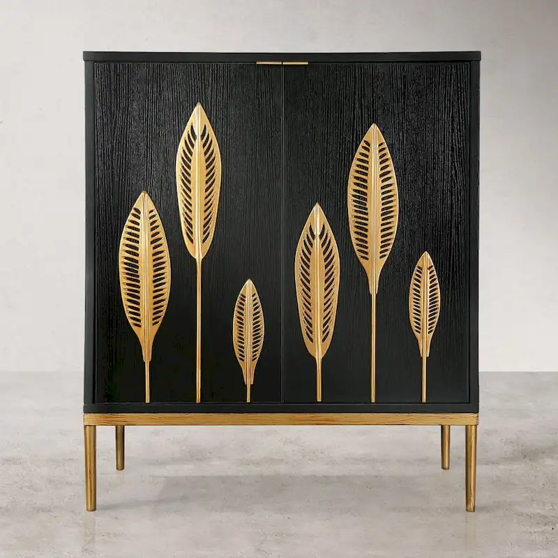 Mid-Century Modern Black Wood 2-Door Accent Cabinet with Gold Leaf Decor