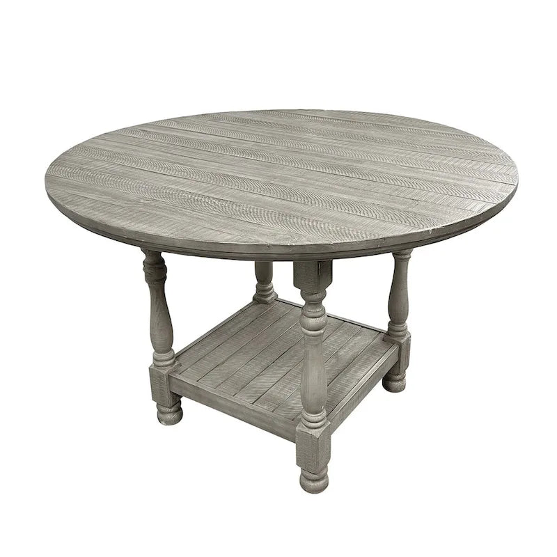 Round Counter Height Dining Table &ndash; Light Grey, Wood, Column Legs, Bottom Shelf, Seats 4