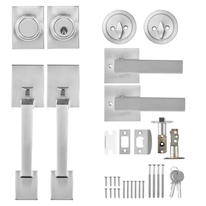 VEVOR Double Door Handle Set, Double Door Lock Set with Reversible Handle Lever, Satin Nickel Square Door Lever, with Dummy,Silver