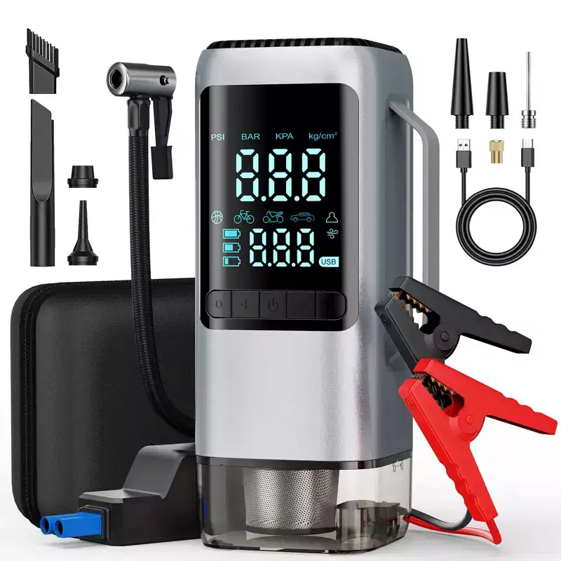 Portable Car Vacuum and Tire Inflator with LED Light and Power Bank