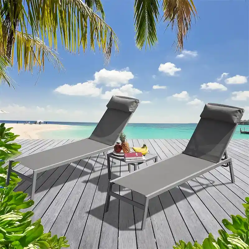 5 Adjustable Aluminum Outdoor 2 Chaise Lounge Chair with Pillow and 1 Table in Blue - N/A