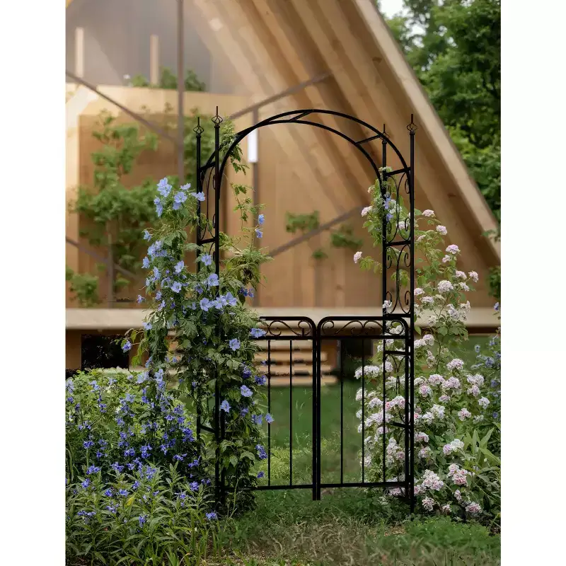 Heavy Duty Metal Garden Arch Trellis Arbor with Gate - Sturdy Outdoor Archway for Climbing Plants, Roses, Vines, Wedding, Lawn, Patio, Backyard