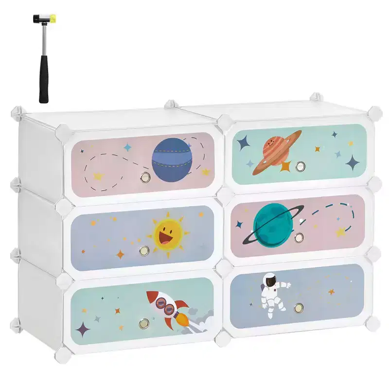 SONGMICS 6-Piece Stackable Storage Organizer Plastic Wardrobe Kids' Shoe Rack with Doors, White