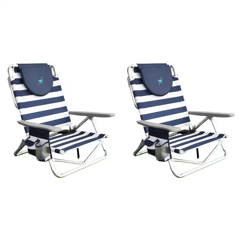 Ostrich On-Your-Back Portable Lightweight Sand Beach 6 Off-The-Ground Lounge Chair with 5 Adjustable Positions, Blue and White (2 Pack)