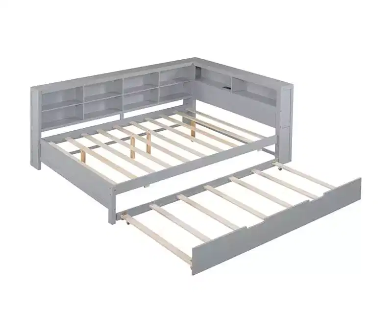 Twin/Full Size Beds with Storage Shelf, Wood Daybed Frame with Wireless Charging USB Ports, 250 Lbs Load Capacity