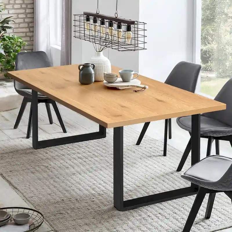 Walnut / Oak Modern Rectangle Dining Table for 6, Double Trestle Legs