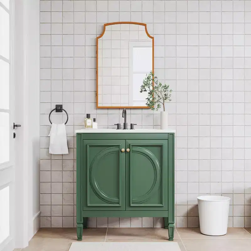 PexFix Green Bathroom Vanity Set with Arched Mirror 30 Inch Single Sink Vanity Cabinet with Soft-Close Doors & Drawers for Bathroom Storage and Dcor
